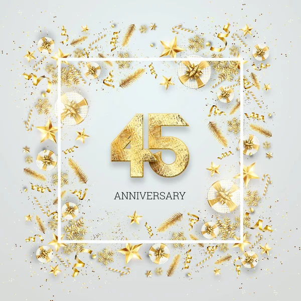 Creative background, 45th anniversary. Celebration of golden text and confetti on a light background with numbers, frame. Anniversary celebration template, flyer. 3D illustration, 3D render — Stock Photo, Image