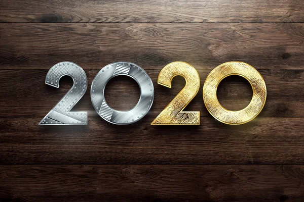 Diseño creativo, Feliz Año Nuevo, Números metálicos y dorados 2020 Diseño sobre fondo de madera. Feliz Navidad. Ilustración 3D, representación 3D — Foto de Stock