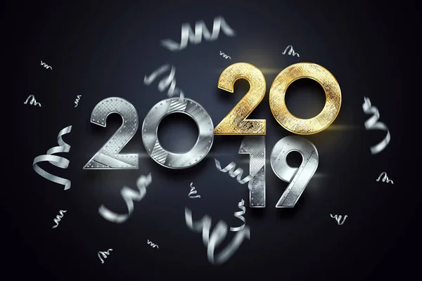 クリエイティブデザイン、新年おめでとう、メタリックとゴールドの数字。2019年は暗い背景を背景に2020デザインに変わりつつあります。メリークリスマス。3D イラストレーション、3D レンダリング — ストック写真