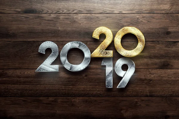Креативный дизайн, Happy New Year, Metac и золотые цифры. 2019 год меняется на 2020 Дизайн на деревянном фоне. Счастливого Рождества. 3D иллюстрация, 3D рендеринг — стоковое фото
