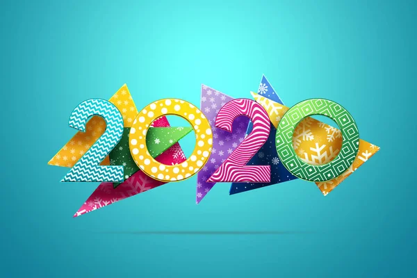 Yaratıcı arka plan, sayılar 2020 soyut şekillerin bir arka plan üzerinde çok renkli, mavi bir arka plan üzerinde. Mutlu yıllar, fare yılı, el ilanı, poster. 3d illüstrasyon, 3d tasarım