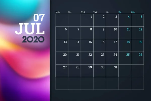 Календарь 2020, июль, дизайн настольного календаря с местом для логотипа компании. горизонтальная ориентация A4 — стоковое фото