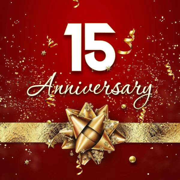 Creative background, 15 years old. Celebration of golden text and confetti on a red background with numbers and golden bow. Anniversary celebration template, flyer. 3D illustration, 3D rendering — Stock Photo, Image