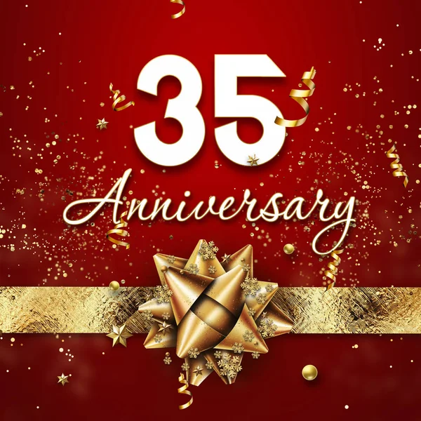 Creative background, 35 years old. Celebration of golden text and confetti on a red background with numbers and golden bow. Anniversary celebration template, flyer. 3D illustration, 3D rendering — Stock Photo, Image