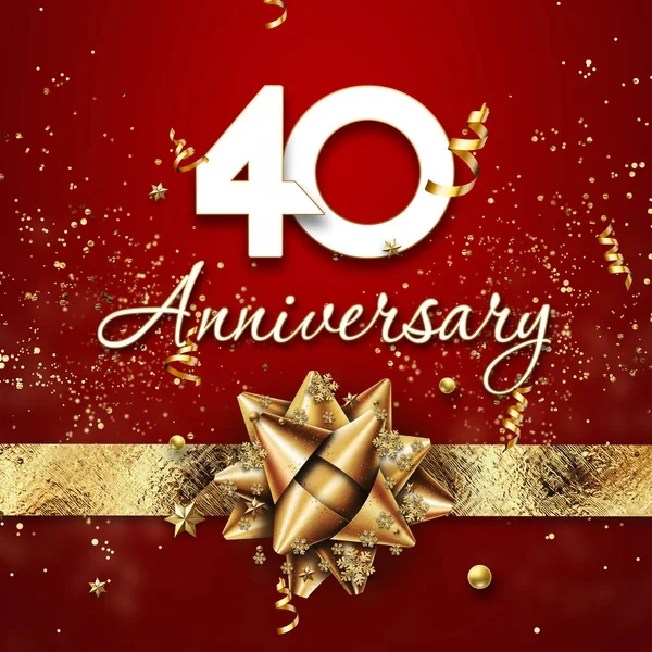 Creative background, 40 years old. Celebration of golden text and confetti on a red background with numbers and golden bow. Anniversary celebration template, flyer. 3D illustration, 3D rendering — Stock Photo, Image