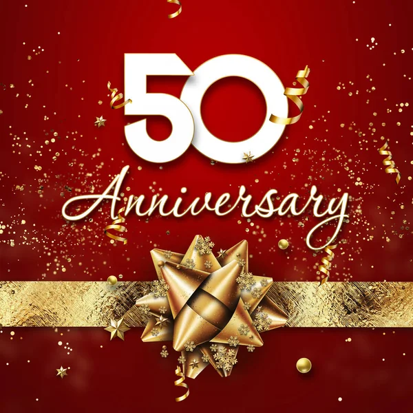 Creative background, 50 years old. Celebration of golden text and confetti on a red background with numbers and golden bow. Anniversary celebration template, flyer. 3D illustration, 3D rendering — Stock Photo, Image