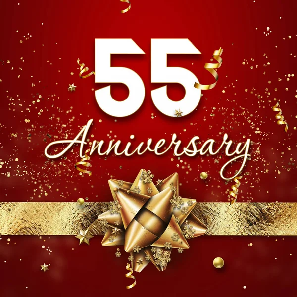 Creative background, 55 years old. Celebration of golden text and confetti on a red background with numbers and golden bow. Anniversary celebration template, flyer. 3D illustration, 3D rendering — Stock Photo, Image