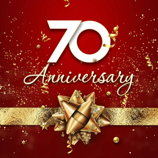 Creative background, 70 years old. Celebration of golden text and confetti on a red background with numbers and golden bow. Anniversary celebration template, flyer. 3D illustration, 3D rendering — Stock Photo, Image