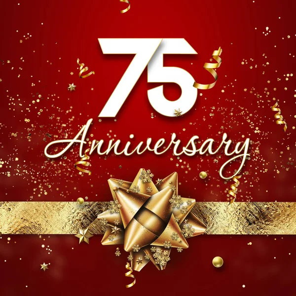 Creative bakgrund, 75 år gammal. Firande av gyllene text och konfetti på en röd bakgrund med siffror och gyllene båge. Jubileumsfest mall, reklamblad. 3D-illustration, 3D-rendering — Stockfoto