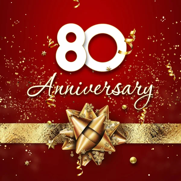 Creative background, 80 years old. Celebration of golden text and confetti on a red background with numbers and golden bow. Anniversary celebration template, flyer. 3D illustration, 3D rendering — Stock Photo, Image