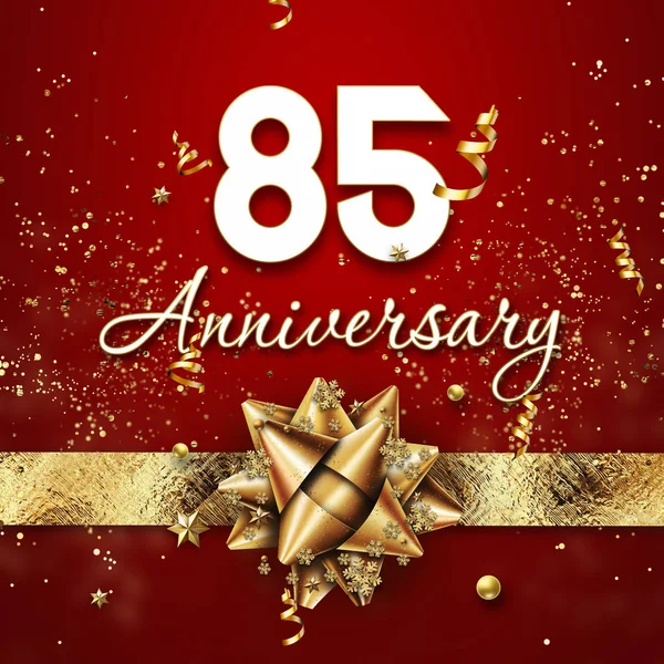 Creative background, 85 years old. Celebration of golden text and confetti on a red background with numbers and golden bow. Anniversary celebration template, flyer. 3D illustration, 3D rendering — Stock Photo, Image