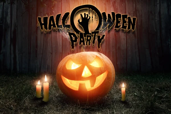 Kreatív háttér, felirat Halloween Party tök sötét háttéren. Ünnepi háttér, szórólap, október 31, design — Stock Fotó