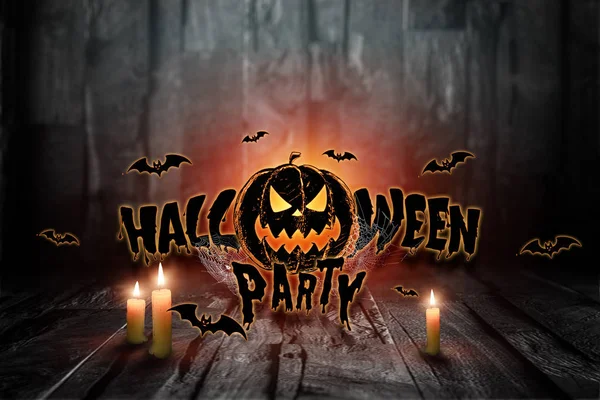 Kreatív háttér, felirat Halloween Party tök sötét háttéren. Ünnepi háttér, szórólap, október 31, design — Stock Fotó