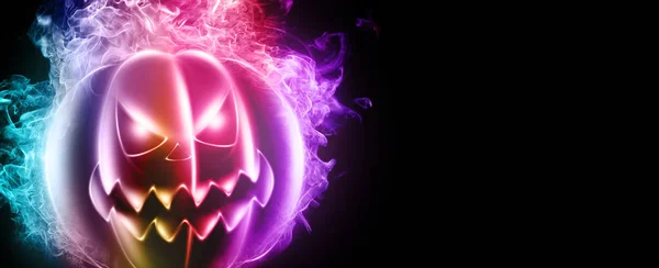 Halloween horizontal Hintergrund mit ultraviolettem Kürbis auf dunklem Hintergrund. Flyer oder Einladungsvorlage für Halloween. 3D Illustration, 3D Design. — Stockfoto