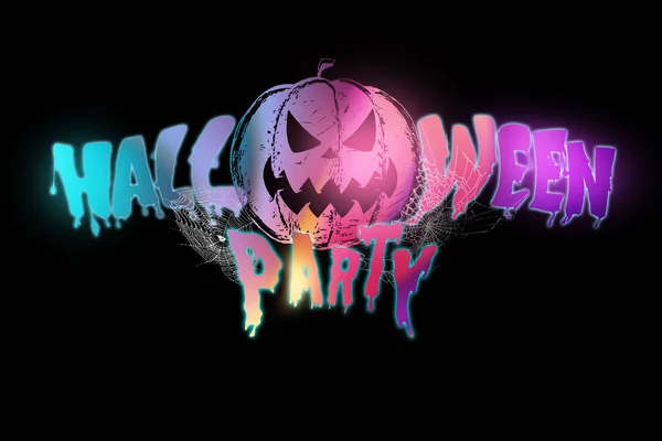 Creative background, inscription Halloween party ultraviolet pumpkin on a dark background. Festive background, flyer, October 31, design for the club — Stock Photo, Image