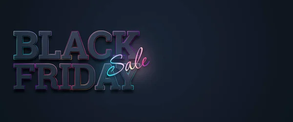 Black friday sale inscription neon letters on a dark background, horizontal banner, design template. Copy space, creative background. 3D illustration, 3D design. — Stock Photo, Image