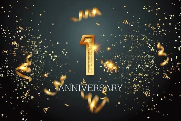 Golden numbers, 1 years anniversary celebration on dark background and confetti. celebration template, flyer. 3D illustration, 3D rendering — Stock Photo, Image