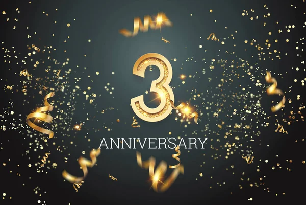 Números dorados, 3 años de celebración del aniversario sobre fondo oscuro y confeti. plantilla de celebración, volante. Ilustración 3D, representación 3D — Foto de Stock