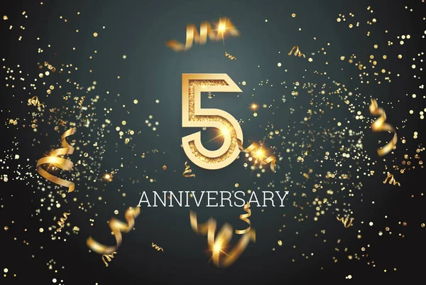 Zlatá čísla, 5 let výročí oslav na tmavém pozadí a konfeti. Oslava oslavy, letáku. 3D ilustrace, prostorové vykreslování — Stock fotografie