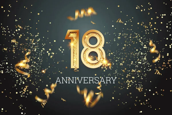 Golden numbers, 18 years anniversary, adulthood on a dark background and confetti. celebration template, flyer. 3D illustration, 3D rendering. — Stock Photo, Image