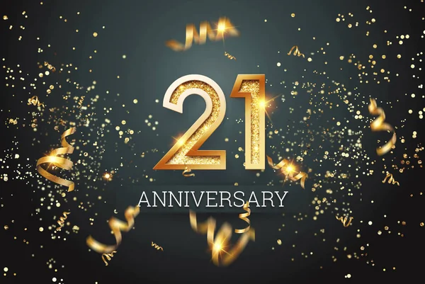 Gouden cijfers, 21 jaar verjaardag, volwassenheid op een donkere achtergrond en confetti. viering sjabloon, flyer. 3D-illustratie, 3D-rendering — Stockfoto