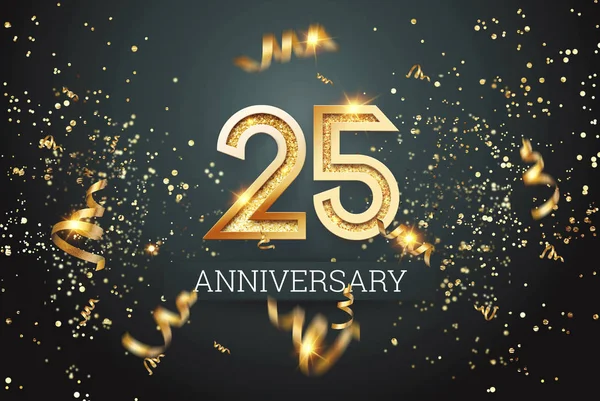 Golden numbers, 25 years anniversary celebration on dark background and confetti. celebration template, flyer. 3D illustration, 3D rendering — Stock Photo, Image