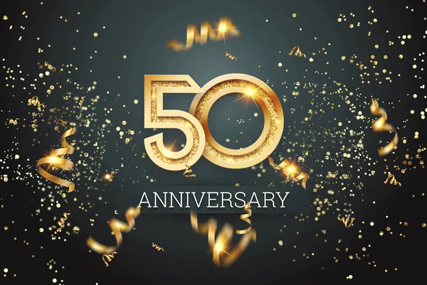 Gouden cijfers, 50 jaar verjaardag viering op donkere achtergrond en confetti. viering sjabloon, flyer. 3D-illustratie, 3D-rendering — Stockfoto