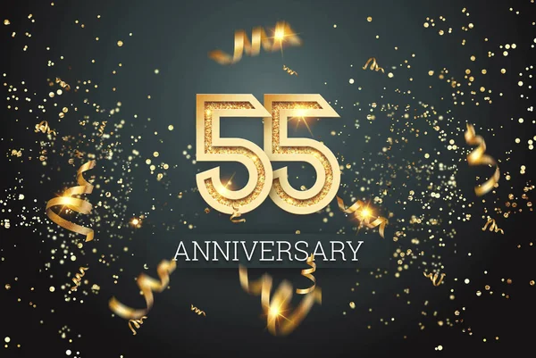 Golden numbers, 55 years anniversary celebration on dark background and confetti. celebration template, flyer. 3D illustration, 3D rendering — Stock Photo, Image