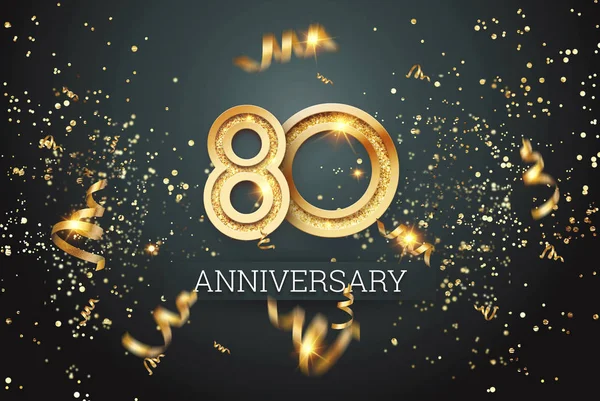 Numeri d'oro, 80 anni di festa su sfondo scuro e coriandoli. modello di celebrazione, volantino. Illustrazione 3D, rendering 3D — Foto Stock