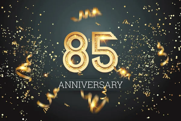 Nomor emas, 85 tahun perayaan ulang tahun pada latar belakang gelap dan confetti. Templat perayaan, brosur. Ilustrasi 3D, render 3D — Stok Foto