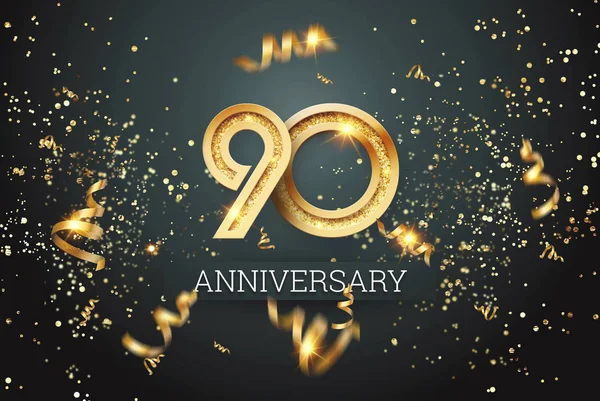 Chiffres d'or, célébration de 90 ans sur fond sombre et confettis. modèle de célébration, flyer. Illustration 3D, rendu 3D — Photo