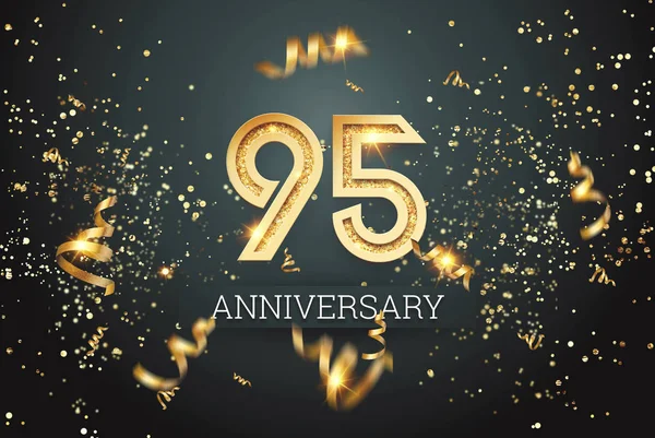 Guld nummer, 95 års jubileum firande på mörk bakgrund och konfetti. firande mall, Flyer. 3D-illustration, 3D-rendering — Stockfoto