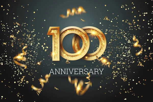 Golden numbers, 100 years anniversary celebration on dark background and confetti. celebration template, flyer. 3D illustration, 3D rendering — Stock Photo, Image