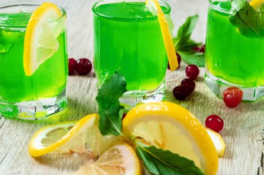 Yeşil stemware kızılcık ahududu limon ve nane ile alkollü soğuk kokteyl vurdu. Seçici odaklama, kopyalama alanı