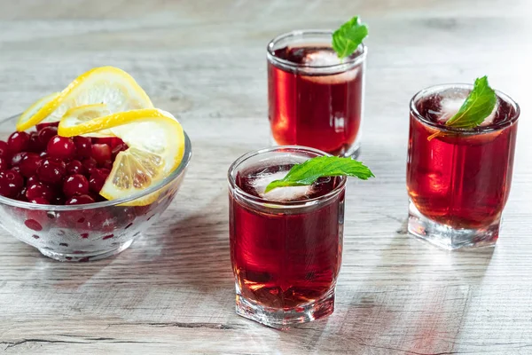 Rotes Stielgut schoss alkoholischen kalten Cocktail mit Preiselbeeren Himbeeren Zitrone und Minze. Selektiver Fokus, Kopierraum. — Stockfoto