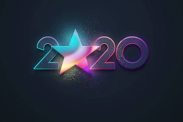 Design creativo, Felice anno nuovo, Numeri neon 2020 Design, asterisco. Buon Natale. Ciao. Illustrazione 3D, Rendering 3D — Foto Stock