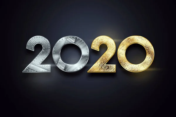 Design creativo, felice anno nuovo, numeri metallici e oro 2020 Design su sfondo scuro. Buon Natale. Ciao. — Foto Stock