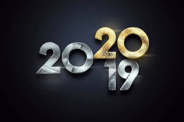 Design criativo, Feliz Ano Novo, números metálicos e dourados. O ano de 2019 está mudando para 2020 Design em um fundo escuro. Feliz Natal! — Fotografia de Stock