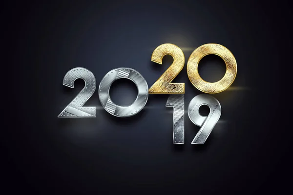 創造的なデザイン、ハッピーニューイヤー、金属と金の数字。2019年は暗い背景で2020年デザインに変化しています。メリークリスマス — ストック写真