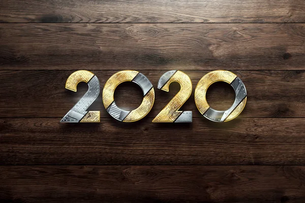Diseño creativo, Feliz Año Nuevo, Números metálicos y dorados 2020 Diseño sobre fondo de madera. Feliz Navidad. — Foto de Stock