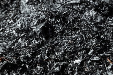 Gri arkaplan külleri, yanmış bitkiler, kömürlerin ve küllerin soyut dokusu. Makro çekim.