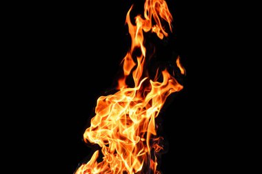 Yangın, siyah arka plandaki alevler izole edildi. Hafta sonu mangal partisini düşün..