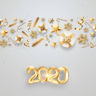 Mektup 2020 mutlu yıllar. Hafif arka planda 2020 altın metalik sayı. 3D illüstrasyon, 3D canlandırma. Mutlu Noel 'in şenlikli tasarımı.