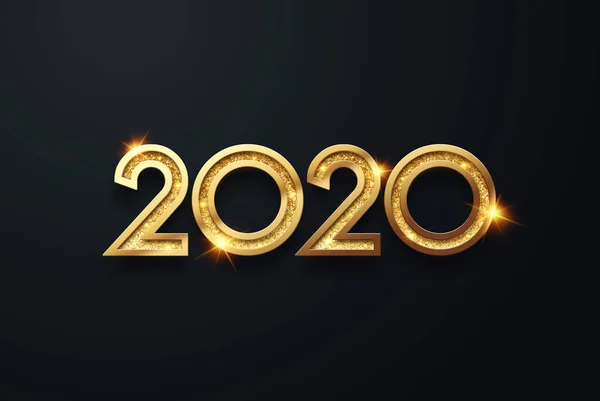 Lettering 2020 feliz ano novo. Números metálicos dourados 2020 em um fundo escuro. Ilustração 3d, renderização 3D. Design festivo de Feliz Natal . — Fotografia de Stock