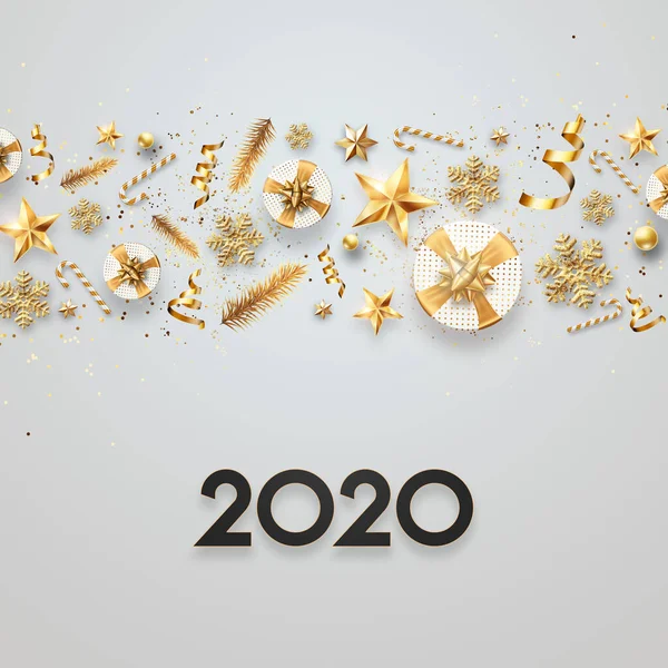Lettering 2020 feliz ano novo. Números pretos 2020 em um fundo leve presentes confetes brinquedos. Ilustração 3d, renderização 3D. Design festivo, Feliz Natal . — Fotografia de Stock