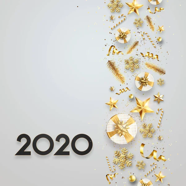 Листування 2020 року з новим роком. Чорні номери 2020 року на світлому фоні подарунки конфетті-іграшки. 3D ілюстрація, 3D рендеринг. Святковий дизайн, веселе Різдво . — стокове фото