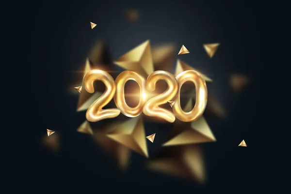 Lettering 2020 happy new year. Gold metallic numbers 2020 on a dark background. 3d illustration, 3D render. Festive design of merry christmas.