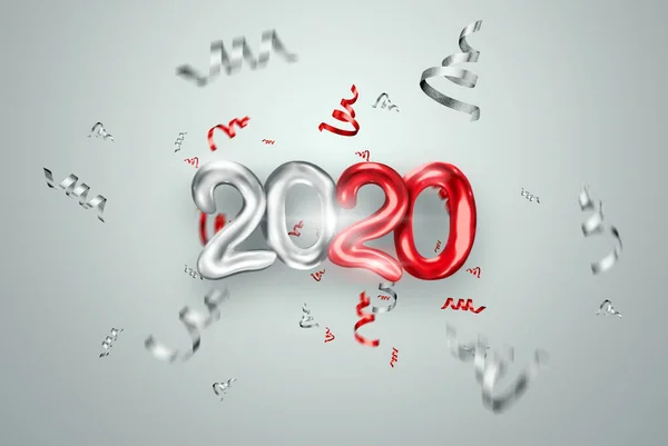 2020年あけましておめでとうございます。銀と赤の数字2020光の背景とコンフェッティに.3Dイラスト、 3Dレンダリング。お祭りのデザイン、陽気なクリスマス. — ストック写真