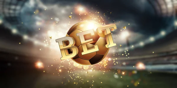 Gold Lettering bet against golden ball and stadium background. Bets, sports betting, watch sports and bet. — Stock Photo, Image