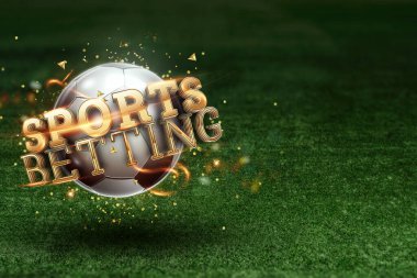 Bir futbol topu ve yeşil çimlerin üzerine altın harfli spor bahisleri. Bahisler, spor bahisleri, maç izlemek ve bahis.